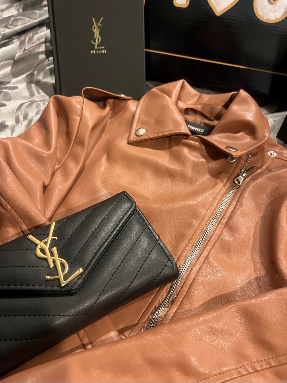 ~Forever 21:Cognac Faux-Leather Cropped Moto Jacket w/ Silver-Toned Hardware~ - Picture 7 of 9
